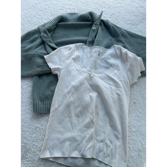 Brandy Melville 2 Piece Bundle Cardigan + Babydoll White Shirt - Picture 1 of 4